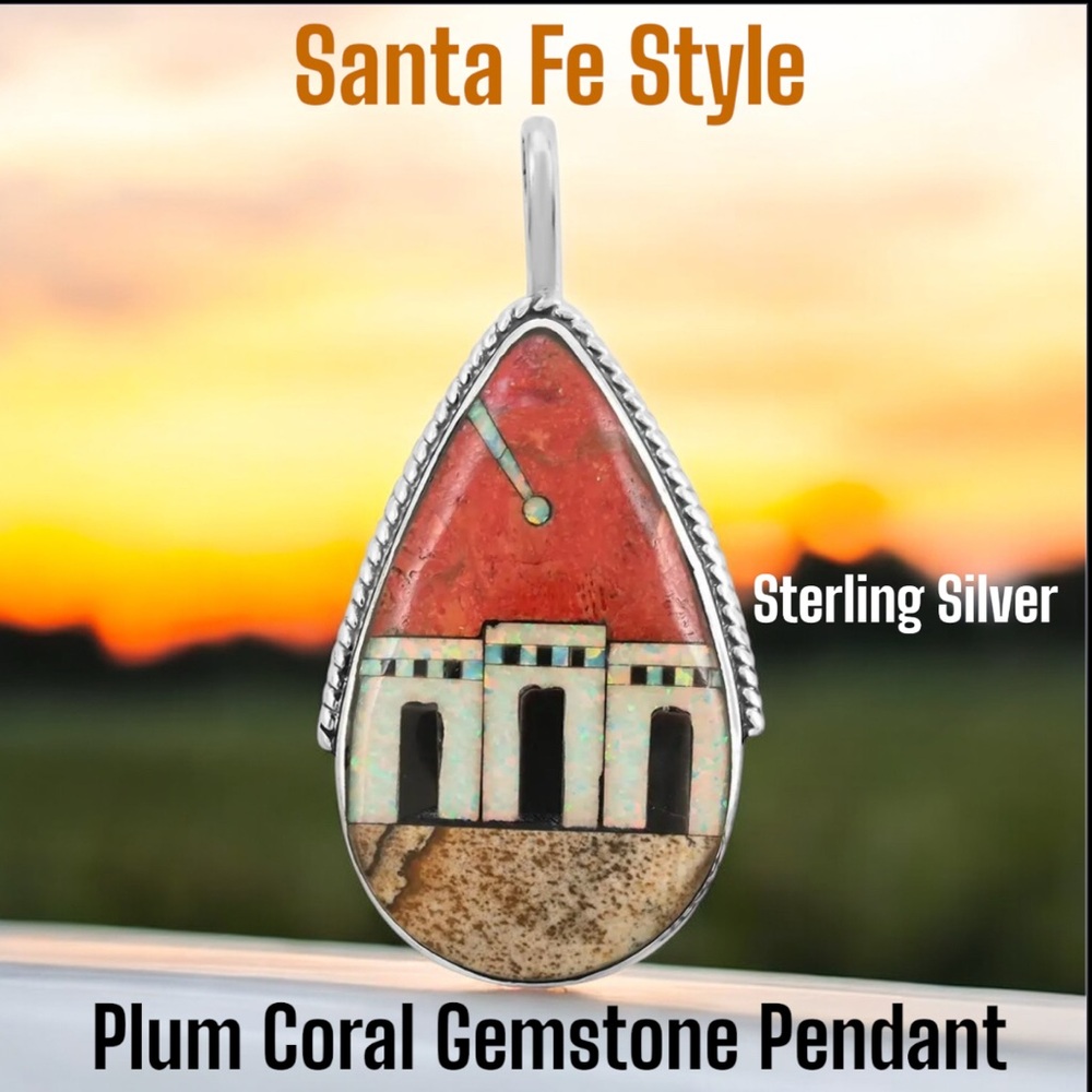 Santa Fe Style Multi Gemstone Pueblo Southwestern Pendant In Sterling Silver